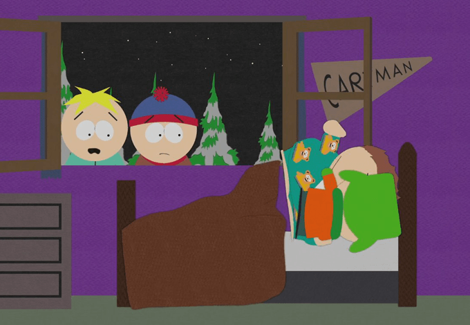 Kyle and Cartman making out on the bed while Stan and Butters watch