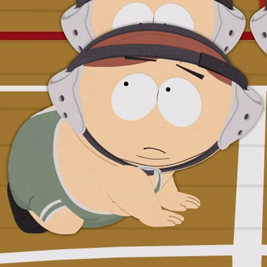 Cartman on his knees in a submissive position